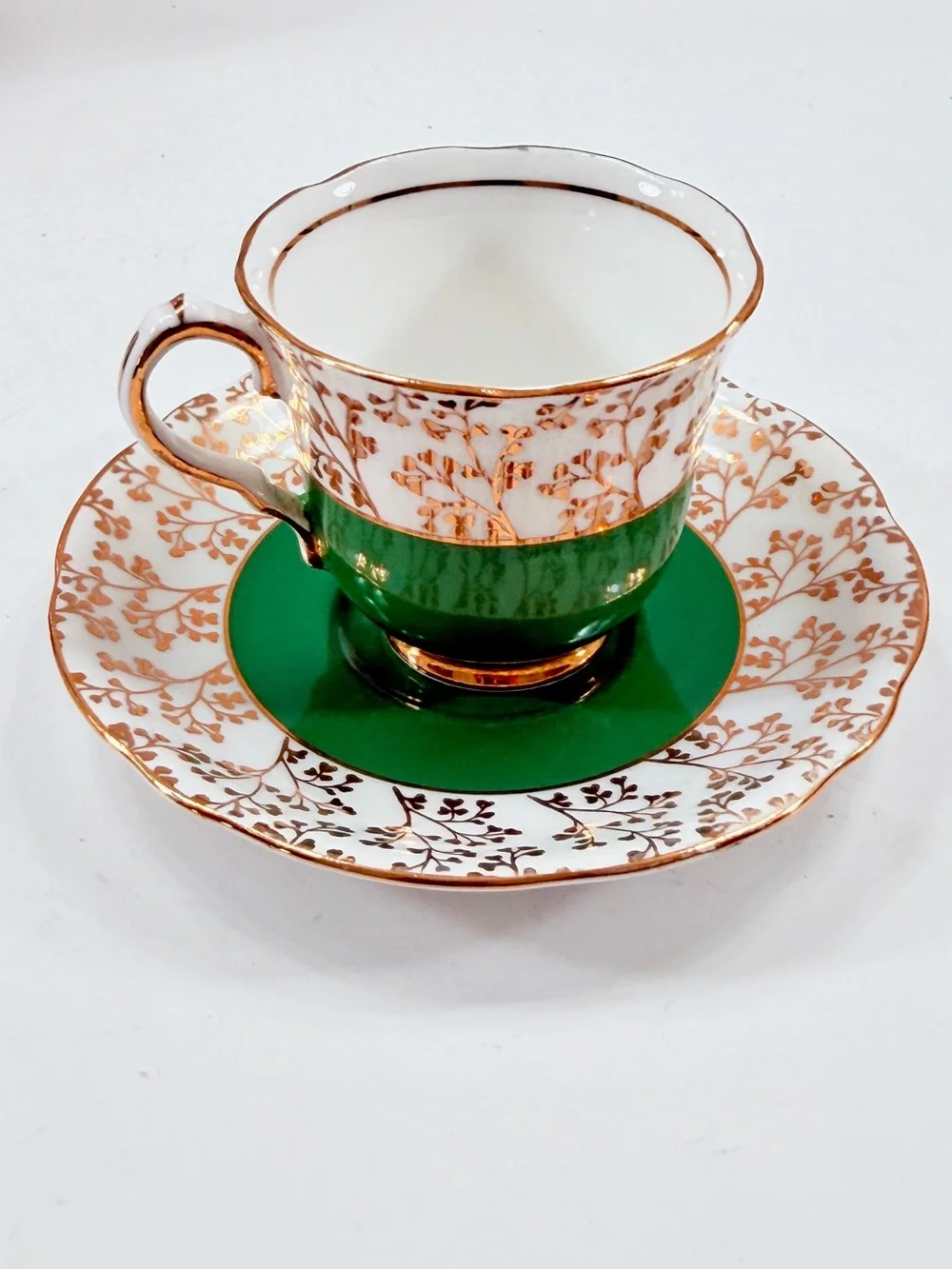 Gladstone Bone China Tea Cup & Saucer Set Green Gold Trim Flower England 1940s